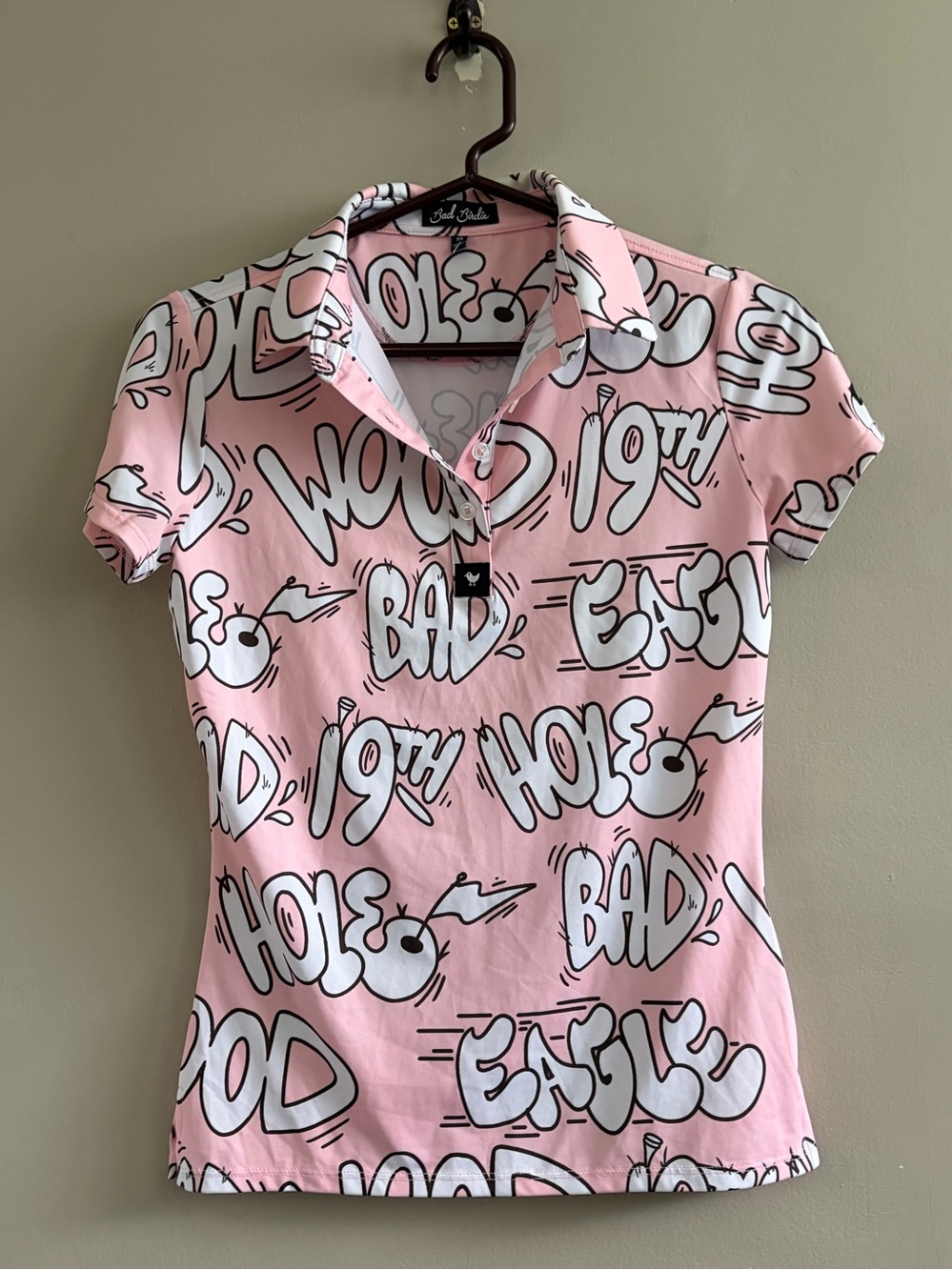 Bad Birdie Women’s Golf Shirt Pink Graffiti Size XS